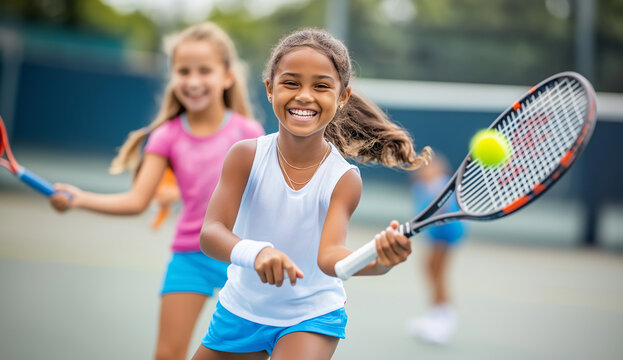 Smiling Girl Plays Tennis, Junior Tennis Clinic, Happy Kids