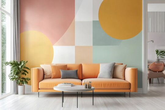 Modern living room interior design with colorful geometric wallpaper