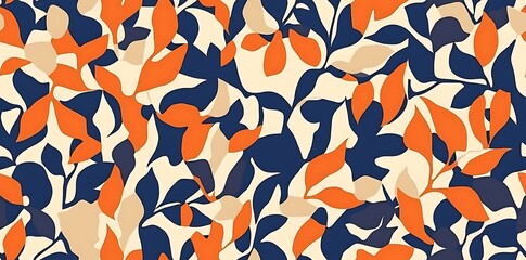 Abstract jungle leaves seamless pattern with vines in an orange, beige, and blue color palette