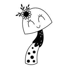 Retro groovy mushroom clipart in black and white color. Cute autumn hand drawn vector illustration.	