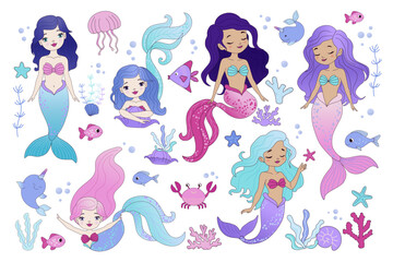 Cartoon mermaid characters. Little sea princesses with ocean water animals. Vector characters of fairy underwater girls, mermaids with fish, starfish and corals, jellyfish and seaweed