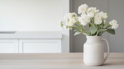 White vase with a bunch of white flowers in it on a wooden table. the vase is made of ceramic and has a handle on the right side. the flowers in the vase are a mix of white roses with green leaves.