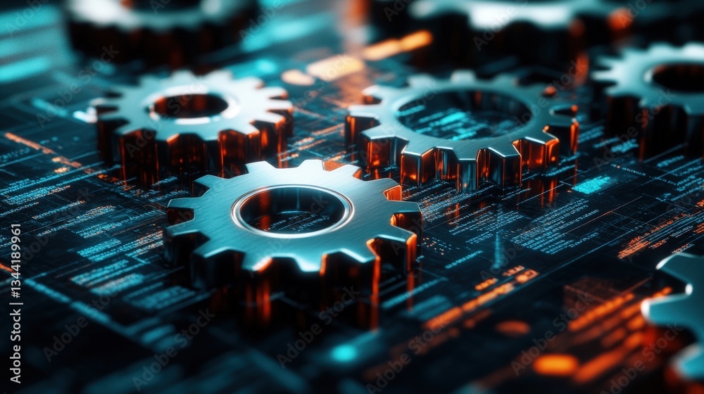 Poster close-up of three interlocked metallic gears on a circuit board with lines of code, illustrating tec