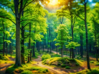 Obraz premium Miniature Forest Painting: Whimsical Tilt-Shift Landscape of Diverse Trees