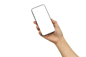 Asian woman holding smartphone in hand with blank screen isolated on white background.