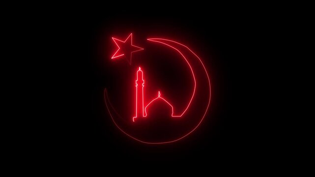 Abstract neon glowing color masque mun icon, Mosque icon animation in flat line style on black background.