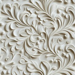 Intricate white damask design adorns a wall, showcasing embossed details in exceptional clarity and realism, highlighting craftsmanship SEAMLESS PATTERN