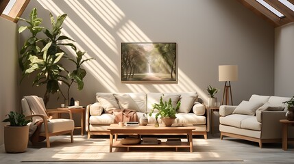 Sunlit Living Room Interior Design: Beige Sofa, Wooden Furniture, and Lush Greenery