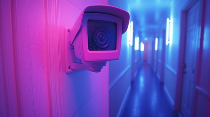 Surveillance camera monitoring hallway with modern lighting and security