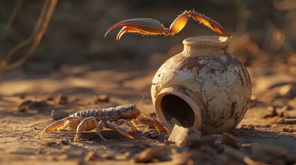 Obraz premium Scorpion approaching ancient clay pot in desert at sunset.
