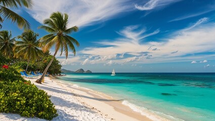 Vibrant beach landscape framed by palm trees and distant sailboat.