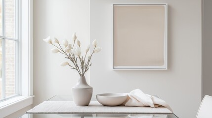 Modern dining room with a glass table in the center. on the table, there is a white vase with a bunch of white flowers in it. next to the vase, there are two white bowls and a white napkin.