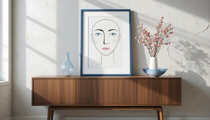 Minimalist Portrait Art on Console Table with Floral Accents