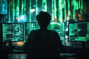 Person sits before multiple computer screens. Digital code streams down a dark background. Programming and data analysis. Cybersecurity concept.