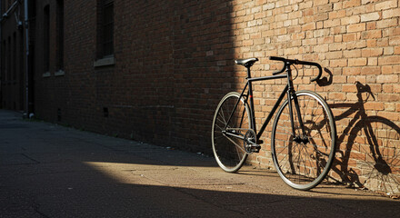 Black Bicycle Parked Against a Red Brick Wall in a Narrow City Alley with Harsh Sunlight and Shadows