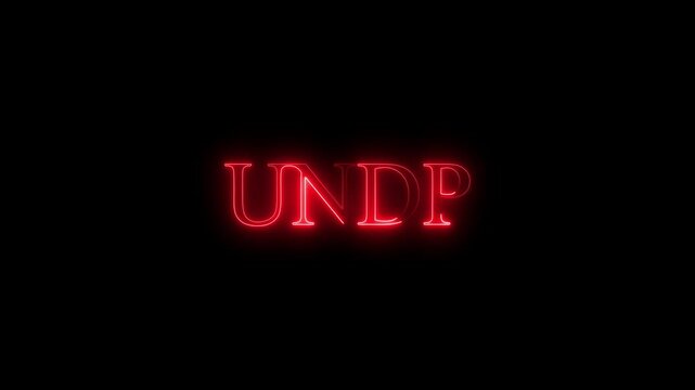 Video footage of glowing  UNDP text neon on black background.