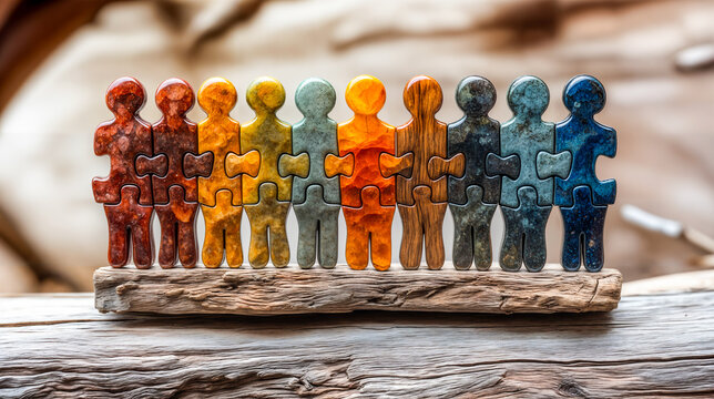 Personnages en pierres imbriqu&eacute;s en puzzle sur du bois