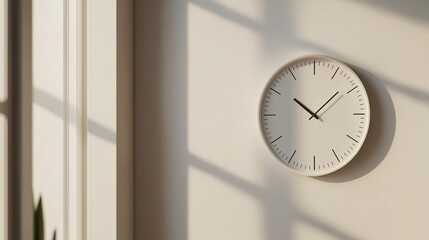 Round wall clock hanging on a beige wall. the clock has a white face with black hands and numbers. the hands are pointing to the hour and minute hands, indicating that it is 12 o'clock.