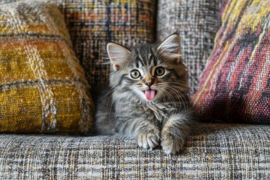 Playful kitten lounging on a cozy couch surrounded by colorful pillows in a warm living room