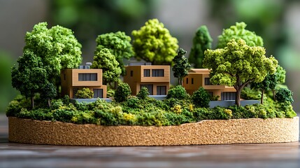 Miniature houses nestled in a lush green landscape.