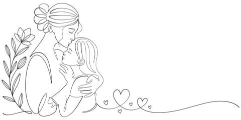 Mother hugs baby line art style vector illustration, mothers day celebration illustration
