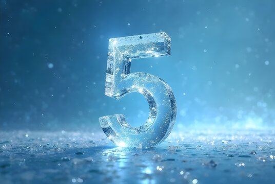 The number 5 is made of ice and is floating on a blue background - Powered by Adobe
