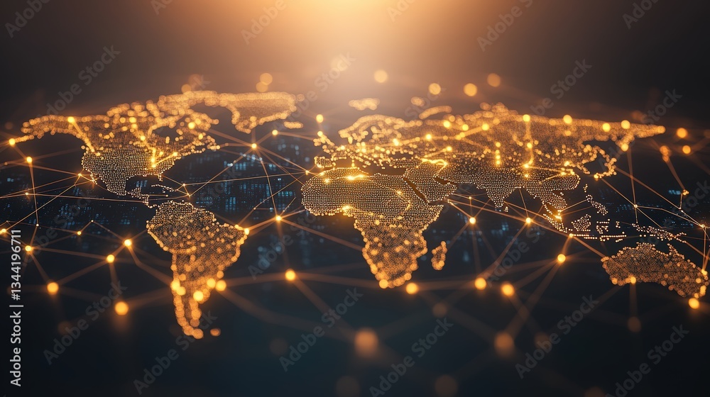 Poster stylized world map showing a network of interconnected glowing nodes and lines symbolizing global co