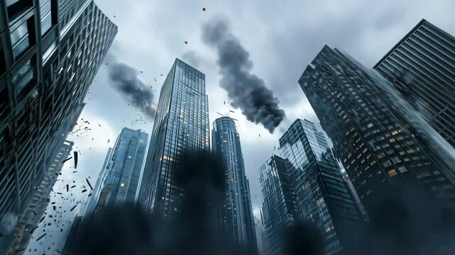 Futuristic artillery fires as city under siege endures explosions and destruction in a dystopian landscape