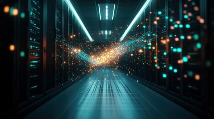 A Long Dark Server Room with Rows of Servers Illuminated by Teal Lights and Flowing Glowing Particles in the Center Aisle Between the Racks