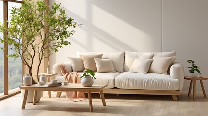 Serene Minimalist Living Room with Natural Light and Wooden Accents
