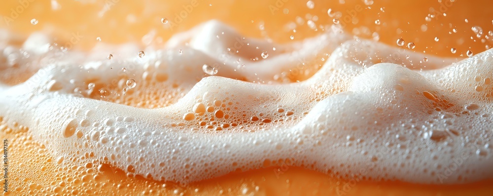 Poster flowing white foam and bubbles on orange liquid surface creates dynamic texture with splashing dropl