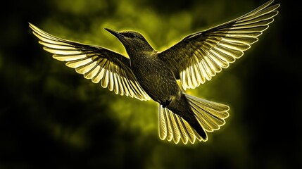 Obraz premium Glowing bird in flight, wings spread wide against a dark, yellow-green background.