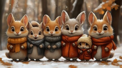 Fototapeta premium Adorable cartoon squirrel family in winter woodland.