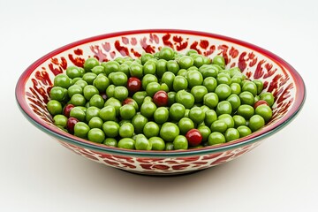 A decorative bowl filled with fresh green peas and red berries