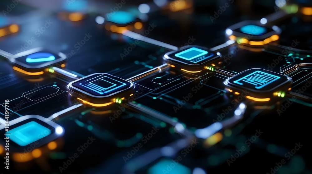 Poster glowing blue and orange circuit connections on dark background with selective focus, showing modern 