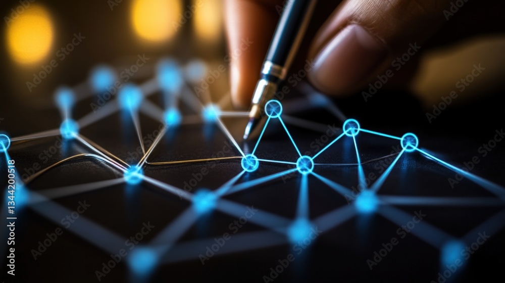 Poster close-up of a hand using stylus to interact with complex network visualization on dark surface, symb