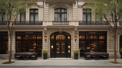 Elegant Hotel Entrance with Beige Stone Facade and Dark Brown Doors