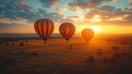 Obraz premium Three hot air balloons soar over a golden savanna at sunrise.