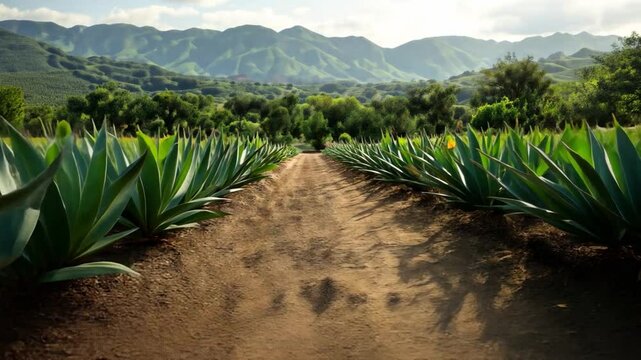 Lush Green Landscape with Agave Plants and Mountain Range View Under a Clear Blue Sky on a Bright Sunny Day