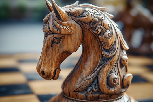 Captivating wooden chess piece showcasing intricate design and craftsmanship during a strategic game. beautifully carved wooden knight chess piece stands prominently on a chessboard