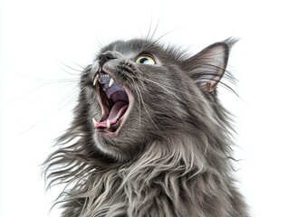 Majestic gray cat with open mouth in a dynamic pose against a white background