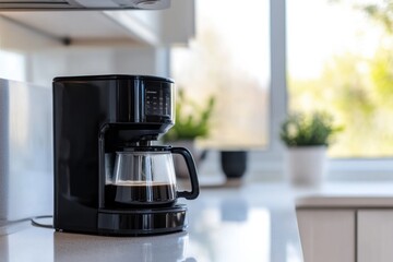 Smart coffee maker in modern kitchen with natural light and copy space