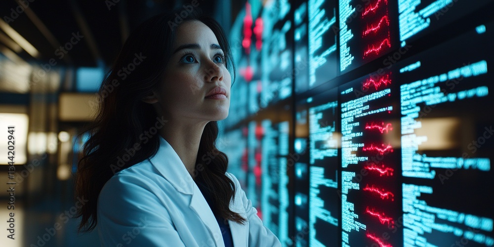 Poster data analyst examines complex algorithms in a high-tech research facility during evening hours