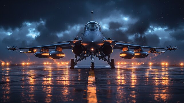 Fighter jet on runway at dusk, illuminated by runway lights, dramatic clouds