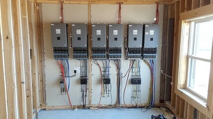 Electrical panel installation in a new building's unfinished room, showing wires, breakers, and conduit.