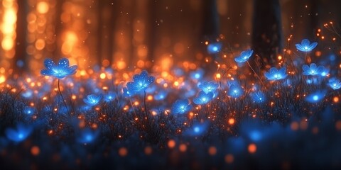 Obraz premium Illuminated blue flowers shining in a forest during twilight hours