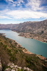 Panoramic view of Kotor town and Bay Boca from mountain view point in Montenegro in winter time