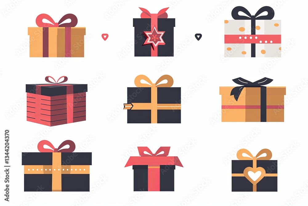 Poster trendy flat style gift box icons set for websites and apps featuring various designs and ribbon acce