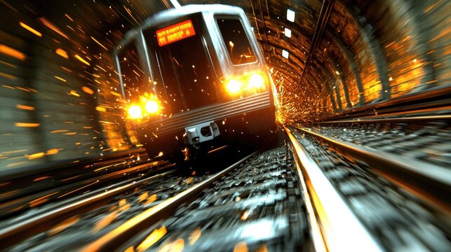 Futuristic subway accident with glowing sparks in urban tunnel environment