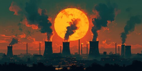 Industrial landscape with smokestacks and a large orange sun setting in the background